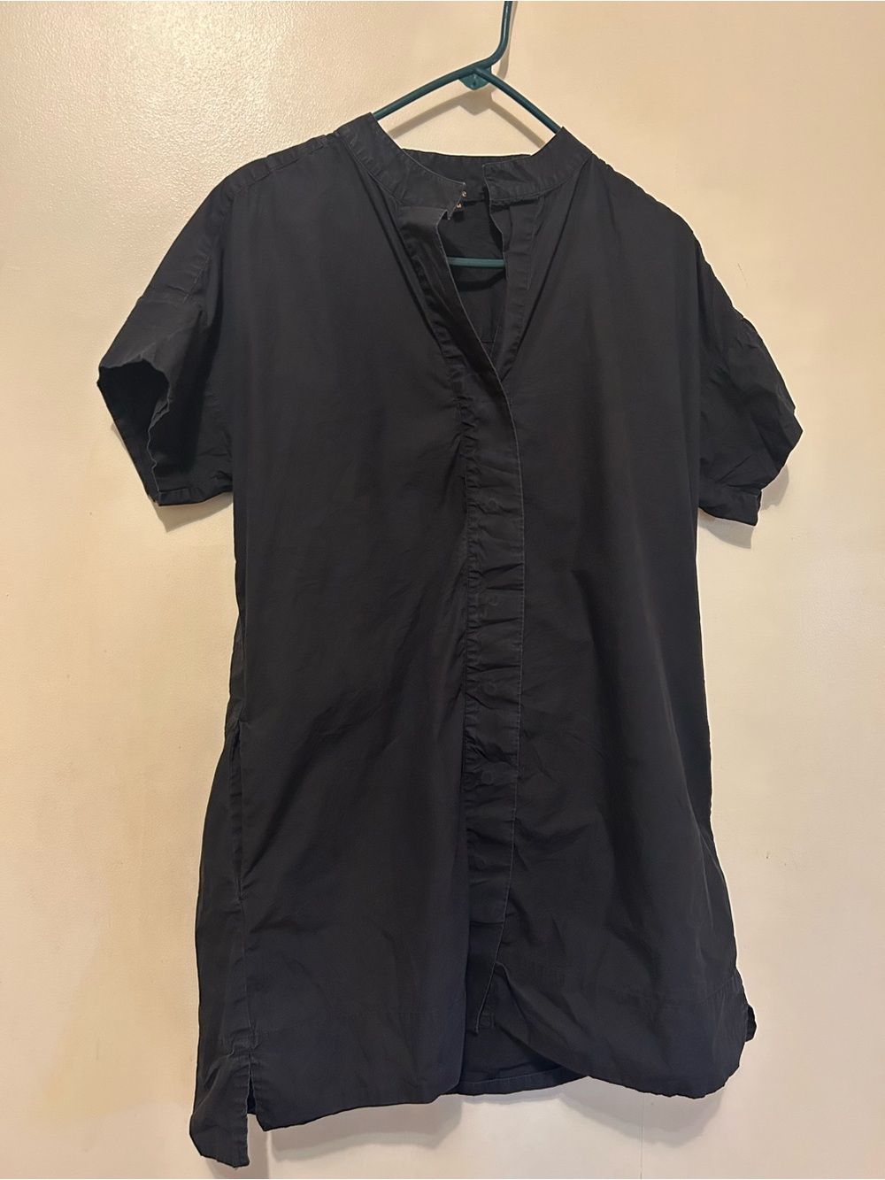 Quince Black Organic Cotton Band collar Short Sleeve Mini Dress w/Pockets Sz M